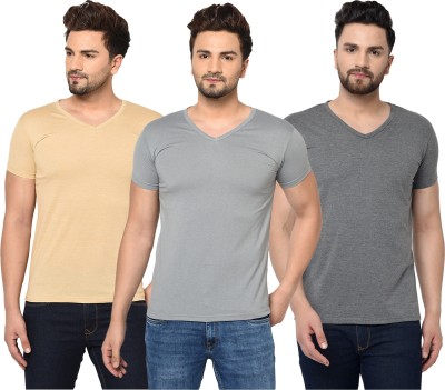 Jangoboy Solid Men V Neck Grey, Beige T-Shirt