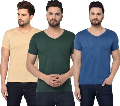 Jangoboy Solid Men V Neck Dark Green, Blue, Beige T-Shirt