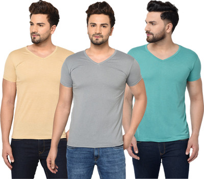 Adorbs Solid Men V Neck Blue, Beige, Grey T-Shirt