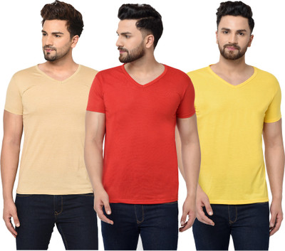 Jangoboy Solid Men V Neck Red, Beige, Yellow T-Shirt
