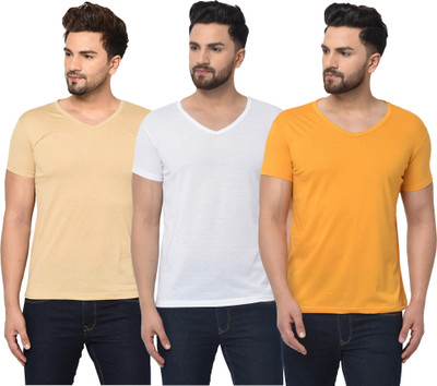 Jaskart Solid Men V Neck Beige, Grey, Yellow T-Shirt