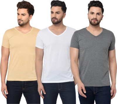 Adorbs Solid Men V Neck White, Grey, Beige T-Shirt