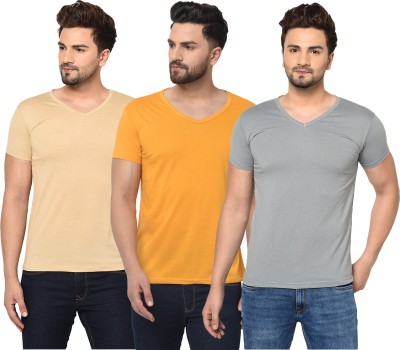 Bribzy Solid Men V Neck Grey, Beige, Yellow T-Shirt