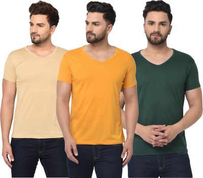 Jaskart Solid Men V Neck Dark Green, Beige, Yellow T-Shirt