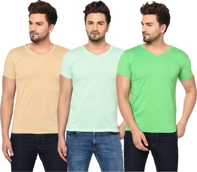 Tivy Solid Men V Neck Beige, Light Green T-Shirt