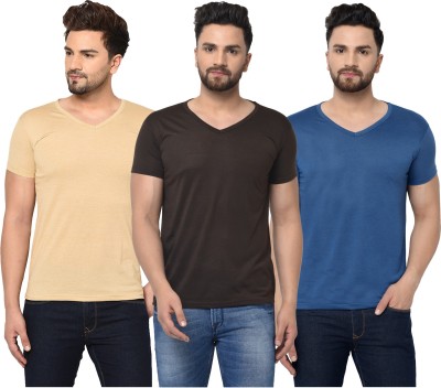 Jangoboy Solid Men V Neck Brown, Blue, Beige T-Shirt