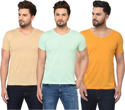 Tivy Solid Men V Neck Beige, Yellow, Light Green T-Shirt