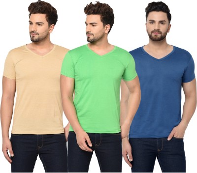 Tivy Solid Men V Neck Dark Blue, Green, Beige T-Shirt