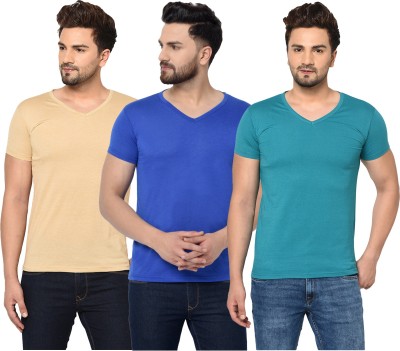 Jaskart Solid Men V Neck Blue, Beige, Light Green T-Shirt