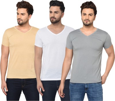 Tivy Solid Men V Neck White, Beige, Grey T-Shirt