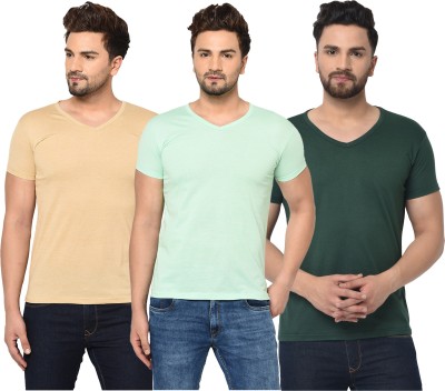 Tivy Solid Men V Neck Dark Green, Beige, Light Green T-Shirt