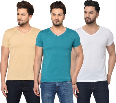 Tivy Solid Men V Neck White, Blue, Beige T-Shirt