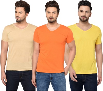 Jangoboy Solid Men V Neck Orange, Beige, Yellow T-Shirt