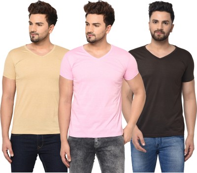 Jaskart Solid Men V Neck Brown, Pink, Beige T-Shirt