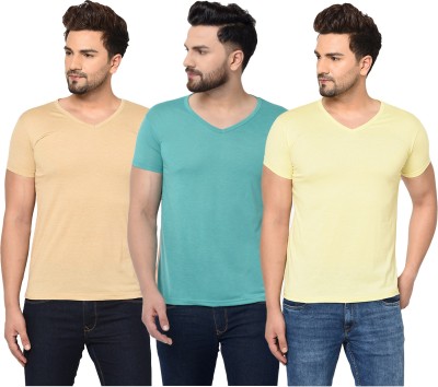 Jangoboy Solid Men V Neck Light Blue, Beige, Yellow T-Shirt