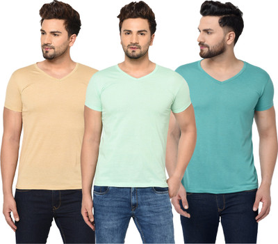 Adorbs Solid Men V Neck Beige, Light Green T-Shirt