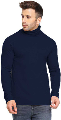 Morewill Solid Men High Neck Dark Blue T-Shirt
