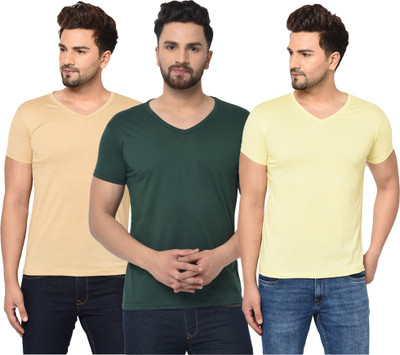 Bribzy Solid Men V Neck Green, Beige, Yellow T-Shirt