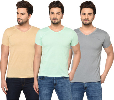 Bribzy Solid Men V Neck Beige, Grey, Light Green T-Shirt