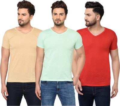 Bribzy Solid Men V Neck Red, Green, Beige T-Shirt