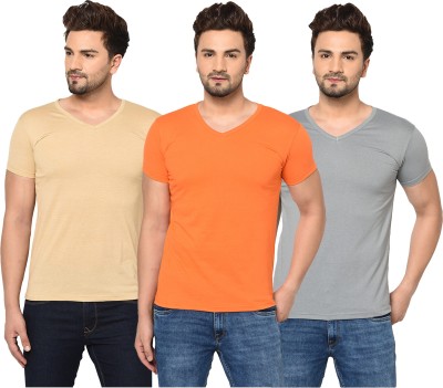 Tivy Solid Men V Neck Orange, Beige, Grey T-Shirt