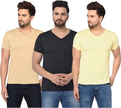 Bribzy Solid Men V Neck Black, Beige, Yellow T-Shirt