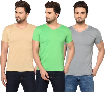 Jaskart Solid Men V Neck Green, Beige, Grey T-Shirt