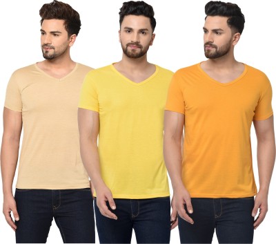 Jangoboy Solid Men V Neck Beige, Yellow T-Shirt