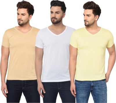 Tivy Solid Men V Neck White, Beige, Yellow T-Shirt