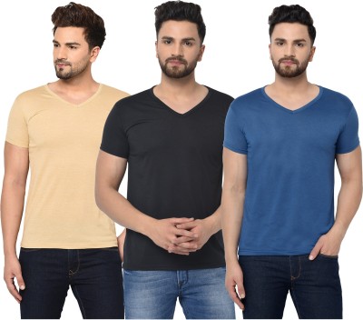 Tivy Solid Men V Neck Blue, Black, Beige T-Shirt