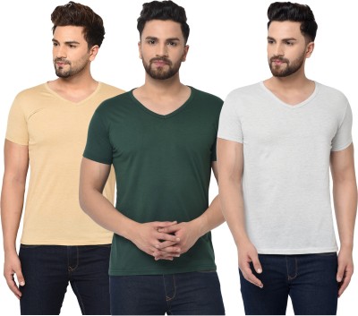 Jaskart Solid Men V Neck Dark Green, Beige, Grey T-Shirt