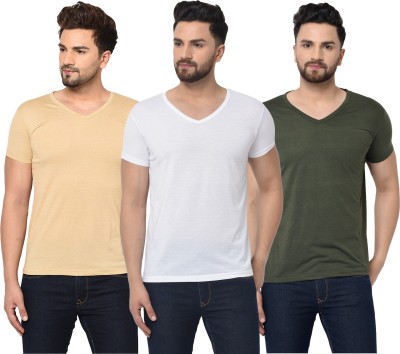 Adorbs Solid Men V Neck Dark Green, White, Beige T-Shirt