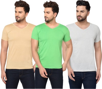 Jaskart Solid Men V Neck Green, Beige, Grey T-Shirt