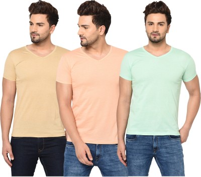 Jaskart Solid Men V Neck Orange, Beige, Light Green T-Shirt