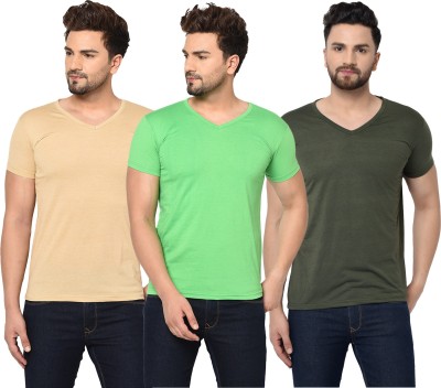 Jaskart Solid Men V Neck Dark Green, Beige, Light Green T-Shirt