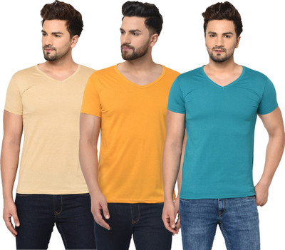 Bribzy Solid Men V Neck Blue, Beige, Yellow T-Shirt