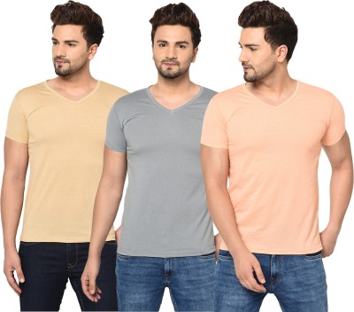 Tivy Solid Men V Neck Orange, Beige, Grey T-Shirt