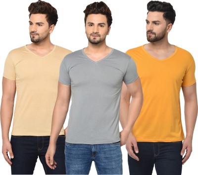 Unite Wear Solid Men V Neck Beige, Grey, Yellow T-Shirt