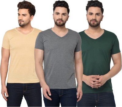 Bribzy Solid Men V Neck Dark Green, Beige, Grey T-Shirt