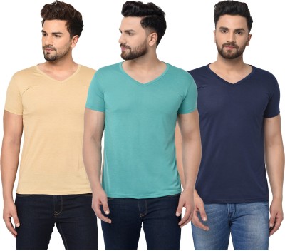 Tivy Solid Men V Neck Dark Blue, Light Blue, Beige T-Shirt