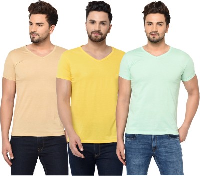 Jaskart Solid Men V Neck Beige, Yellow, Light Green T-Shirt