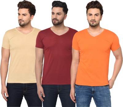 Jaskart Solid Men V Neck Maroon, Orange, Beige T-Shirt