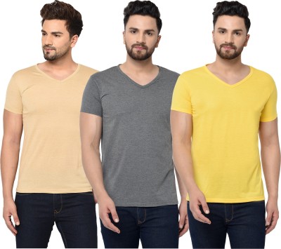 Tivy Solid Men V Neck Grey, Beige, Yellow T-Shirt