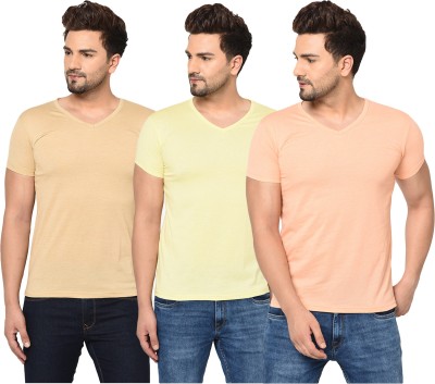 Tivy Solid Men V Neck Orange, Beige, Yellow T-Shirt