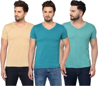 Unite Wear Solid Men V Neck Light Blue, Beige T-Shirt