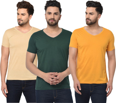 Jangoboy Solid Men V Neck Dark Green, Beige, Yellow T-Shirt