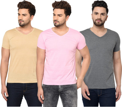 Adorbs Solid Men V Neck Pink, Grey, Beige T-Shirt