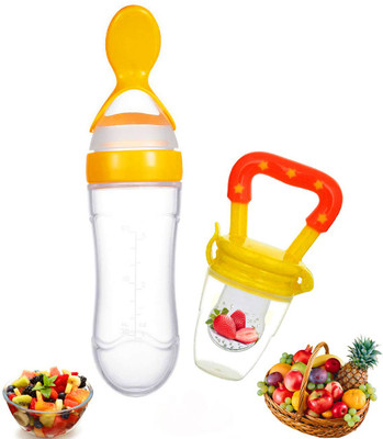 PIKIPOO Presents Baby safe Silicone squeeze Fresh Food Feeder Bottle with Food Dispensing Spoon, Infant Food Nibbler Teething Toy Feeding Pacifier, Combo Pack of 2 Teether and Feeder Teether and Feeder(Yellow)