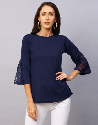 Selvia Casual 3/4 Sleeve Self Design, Embellished, Laser Cut, Solid, Lace Women Dark Blue Top