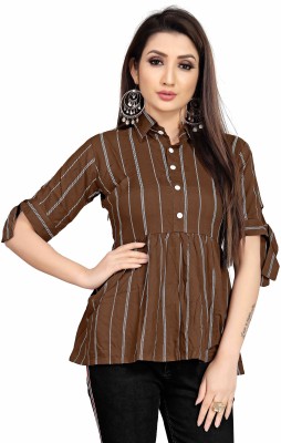 DEVKINANDAN DESIGNER Casual Striped Women Brown Top